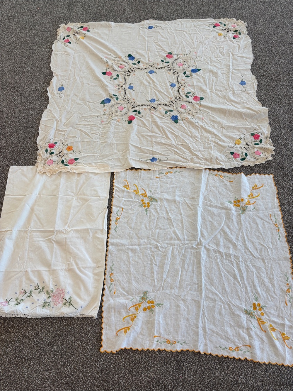 Vintage White Embroidered Tablecloths and pillowcase